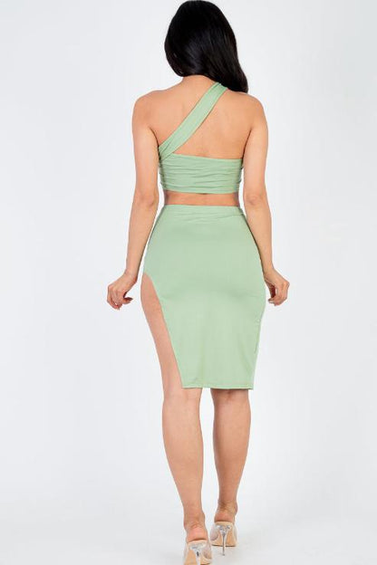 Sexy Solid One Shoulder Crop Top & Split Thigh Midi Skirt Set - Capella Apparel