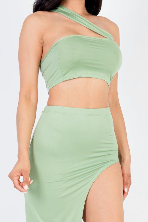 Sexy Solid One Shoulder Crop Top & Split Thigh Midi Skirt Set - Capella Apparel