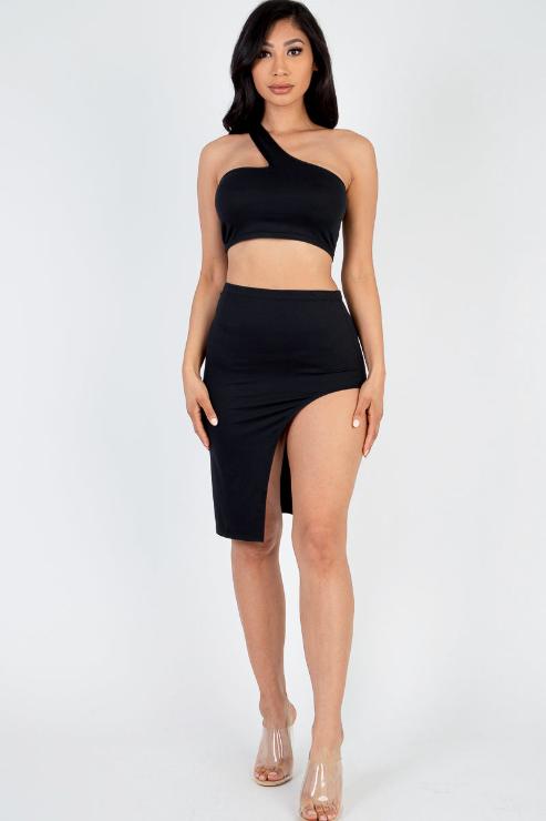 Sexy Solid One Shoulder Crop Top & Split Thigh Midi Skirt Set (CAPELLA) - Capella Apparel