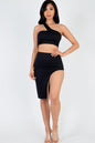 Sexy Solid One Shoulder Crop Top & Split Thigh Midi Skirt Set (CAPELLA) - Capella Apparel