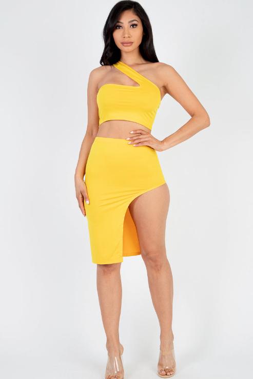 Sexy Solid One Shoulder Crop Top & Split Thigh Midi Skirt Set (CAPELLA) - Capella Apparel