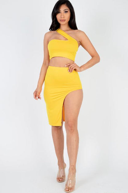 Sexy Solid One Shoulder Crop Top & Split Thigh Midi Skirt Set (CAPELLA) - Capella Apparel