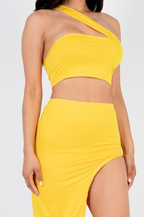 Sexy Solid One Shoulder Crop Top & Split Thigh Midi Skirt Set - Capella Apparel