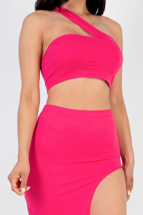 Sexy Solid One Shoulder Crop Top & Split Thigh Midi Skirt Set (CAPELLA) - Capella Apparel