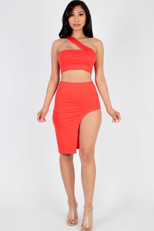 Sexy Solid One Shoulder Crop Top & Split Thigh Midi Skirt Set - Capella Apparel