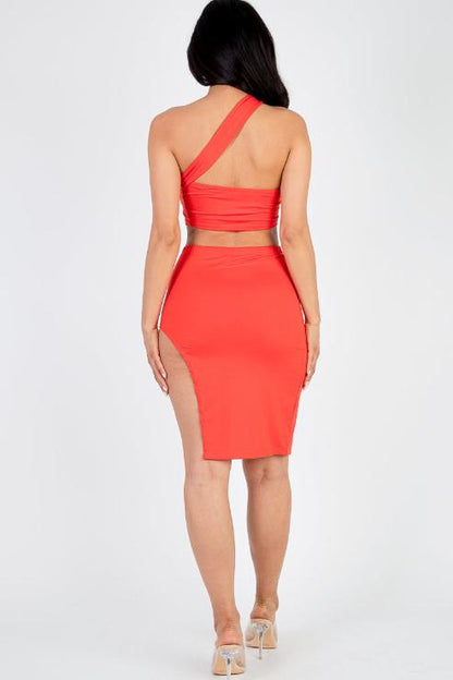 Sexy Solid One Shoulder Crop Top & Split Thigh Midi Skirt Set - Capella Apparel