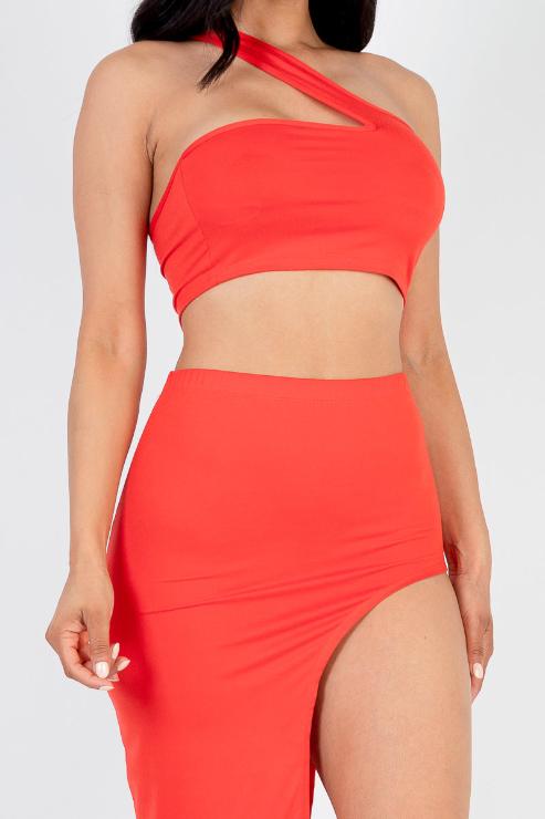 Sexy Solid One Shoulder Crop Top & Split Thigh Midi Skirt Set (CAPELLA) - Capella Apparel