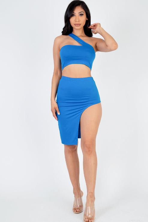 Sexy Solid One Shoulder Crop Top & Split Thigh Midi Skirt Set - Capella Apparel