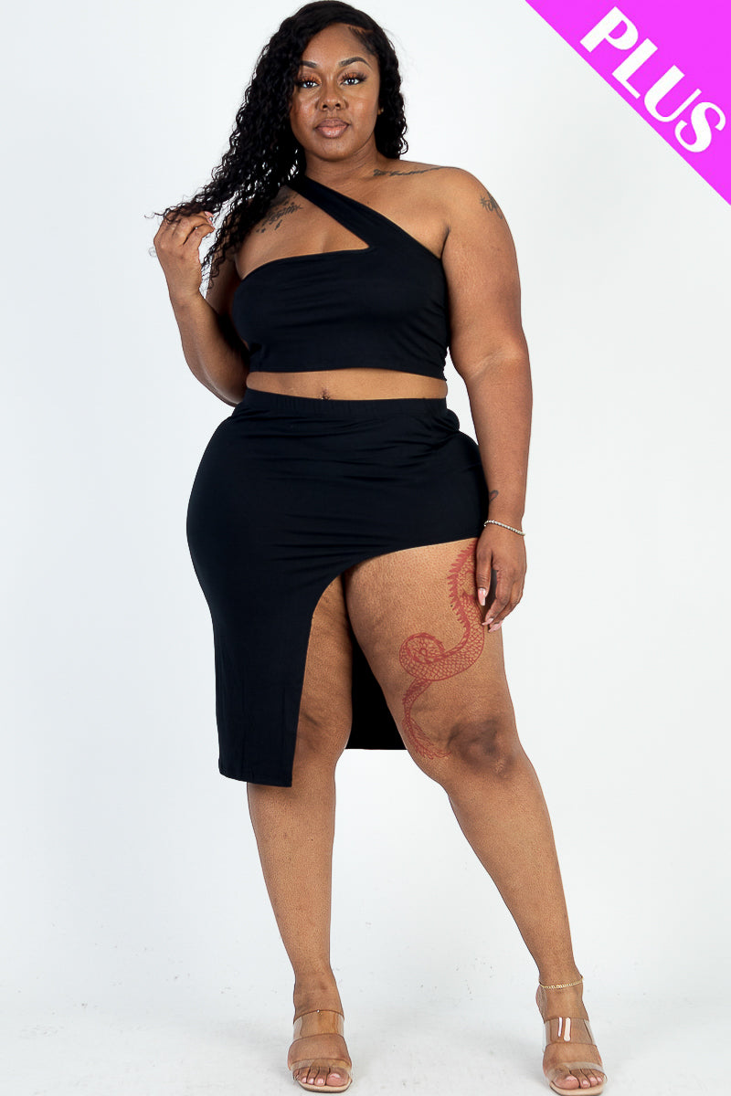 Plus Size Sexy Solid One Shoulder Crop Top & Split Thigh Midi Skirt Set (CAPELLA) - Capella Apparel