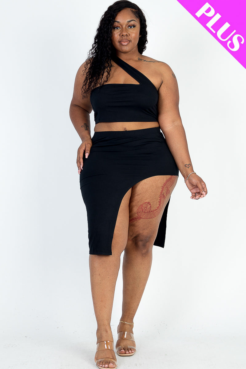 Plus Size Sexy Solid One Shoulder Crop Top & Split Thigh Midi Skirt Set (CAPELLA) - Capella Apparel