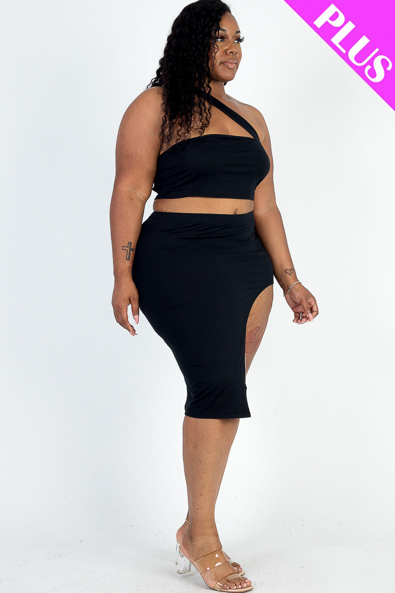 Plus Size Sexy Solid One Shoulder Crop Top & Split Thigh Midi Skirt Set (CAPELLA) - Capella Apparel