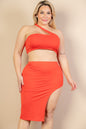 Plus Size Sexy Solid One Shoulder Crop Top & Split Thigh Midi Skirt Set (CAPELLA) - Capella Apparel