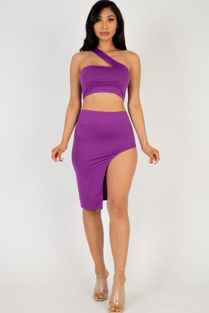 Sexy Solid One Shoulder Crop Top & Split Thigh Midi Skirt Set - Capella Apparel