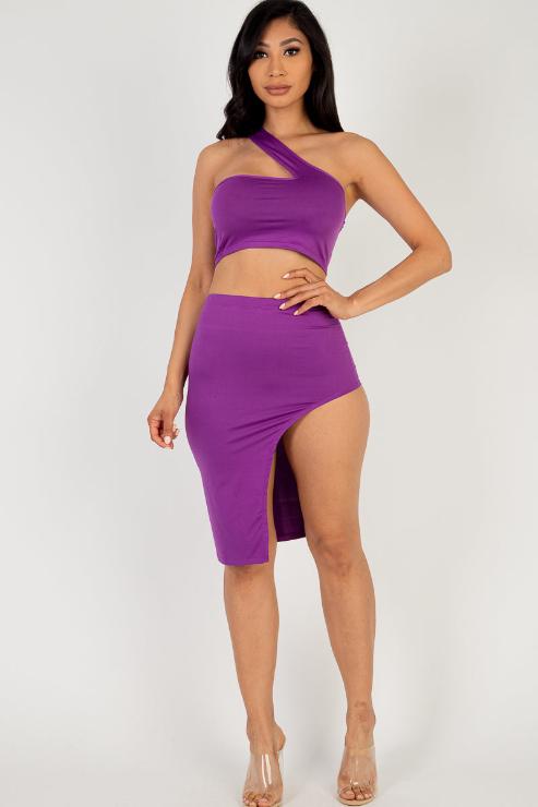 Sexy Solid One Shoulder Crop Top & Split Thigh Midi Skirt Set - Capella Apparel