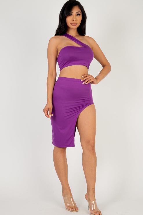 Sexy Solid One Shoulder Crop Top & Split Thigh Midi Skirt Set - Capella Apparel