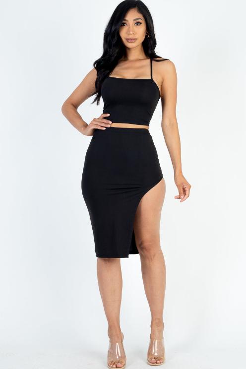 Sexy Solid Color Crisscross Back Cami Crop Top & Split Thigh Midi Skirt Set - Capella Apparel