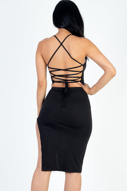 Sexy Solid Color Crisscross Back Cami Crop Top & Split Thigh Midi Skirt Set (CAPELLA) - Capella Apparel