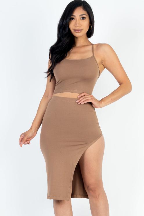 Sexy Solid Color Crisscross Back Cami Crop Top & Split Thigh Midi Skirt Set - Capella Apparel