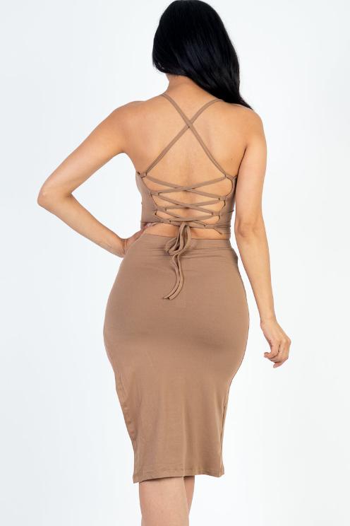 Sexy Solid Color Crisscross Back Cami Crop Top & Split Thigh Midi Skirt Set - Capella Apparel