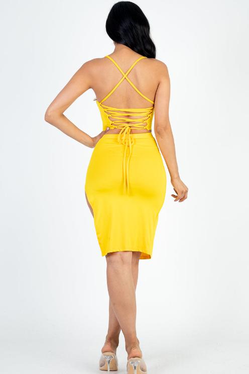 Sexy Solid Color Crisscross Back Cami Crop Top & Split Thigh Midi Skirt Set - Capella Apparel