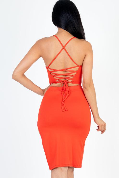 Sexy Solid Color Crisscross Back Cami Crop Top & Split Thigh Midi Skirt Set - Capella Apparel