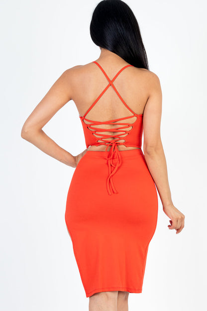 Sexy Solid Color Crisscross Back Cami Crop Top & Split Thigh Midi Skirt Set (CAPELLA) - Capella Apparel