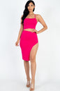 Sexy Solid Color Crisscross Back Cami Crop Top & Split Thigh Midi Skirt Set - Capella Apparel