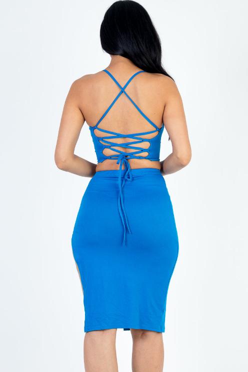 Sexy Solid Color Crisscross Back Cami Crop Top & Split Thigh Midi Skirt Set - Capella Apparel