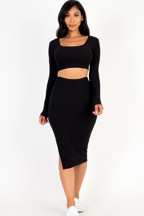 Ribbed Long Sleeve Crop Top & Skirt Set - Capella Apparel