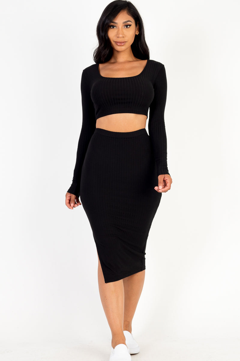 Ribbed Long Sleeve Crop Top & Skirt Set (CAPELLA) - Capella Apparel