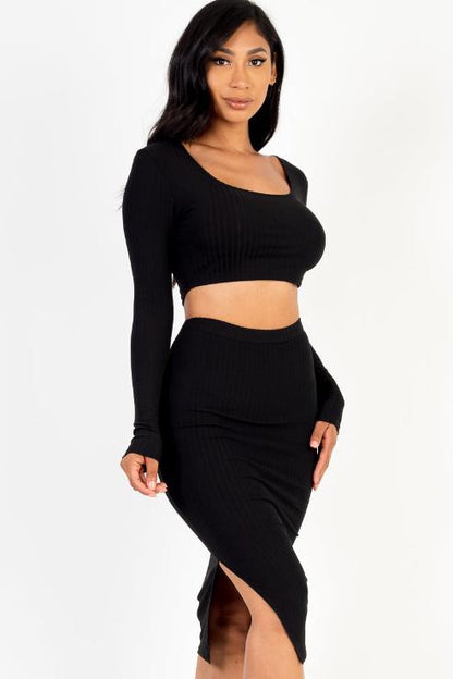 Ribbed Long Sleeve Crop Top & Skirt Set - Capella Apparel