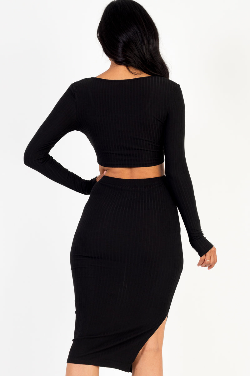 Ribbed Long Sleeve Crop Top & Skirt Set (CAPELLA) - Capella Apparel