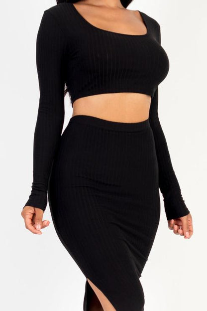 Ribbed Long Sleeve Crop Top & Skirt Set - Capella Apparel