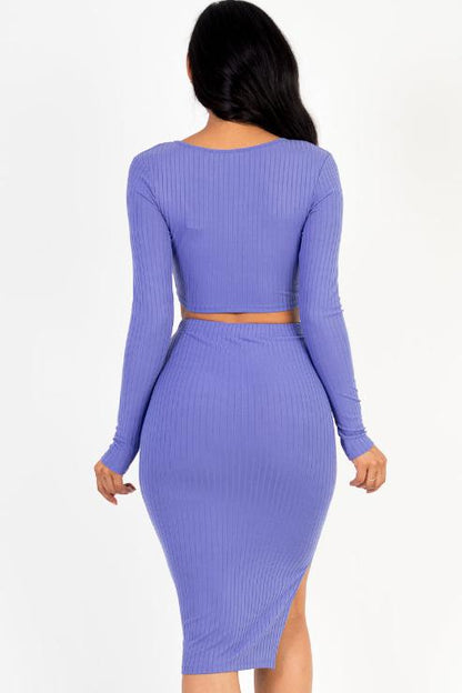 Ribbed Long Sleeve Crop Top & Skirt Set - Capella Apparel