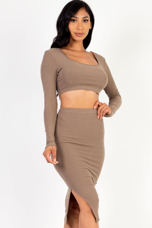 Ribbed Long Sleeve Crop Top & Skirt Set - Capella Apparel