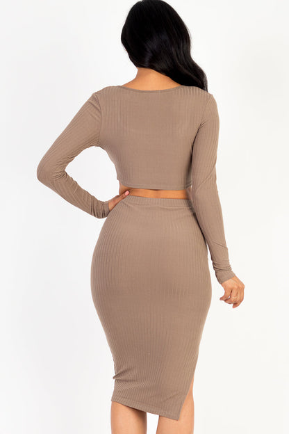 Ribbed Long Sleeve Crop Top & Skirt Set (CAPELLA) - Capella Apparel