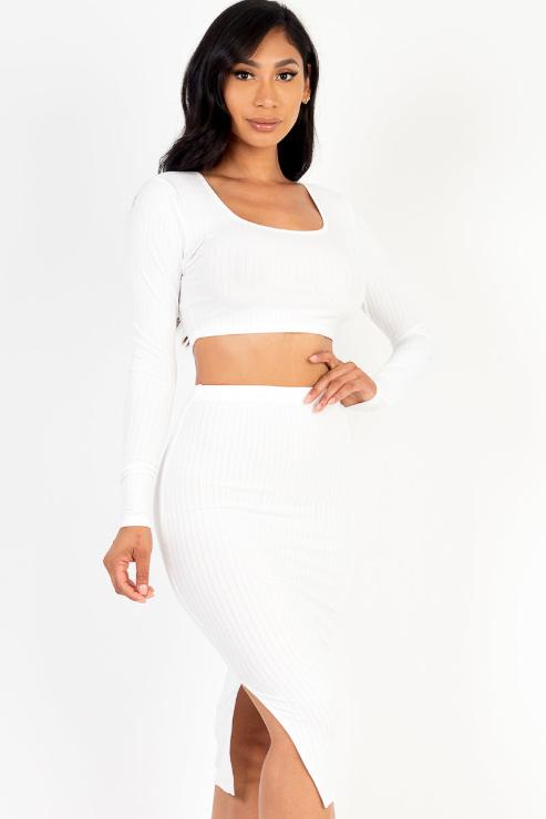 Ribbed Long Sleeve Crop Top & Skirt Set - Capella Apparel