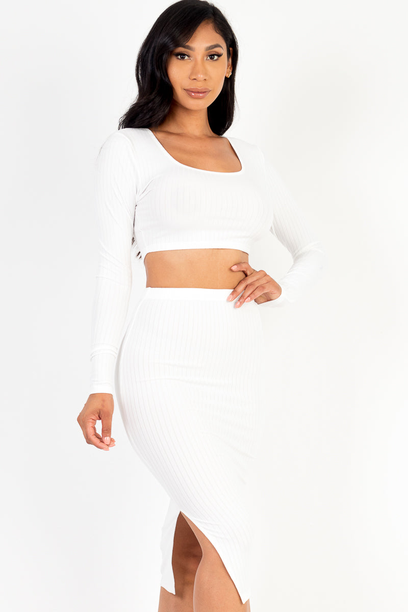 Ribbed Long Sleeve Crop Top & Skirt Set (CAPELLA) - Capella Apparel