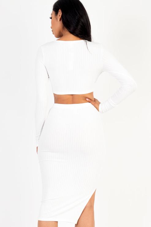 Ribbed Long Sleeve Crop Top & Skirt Set - Capella Apparel