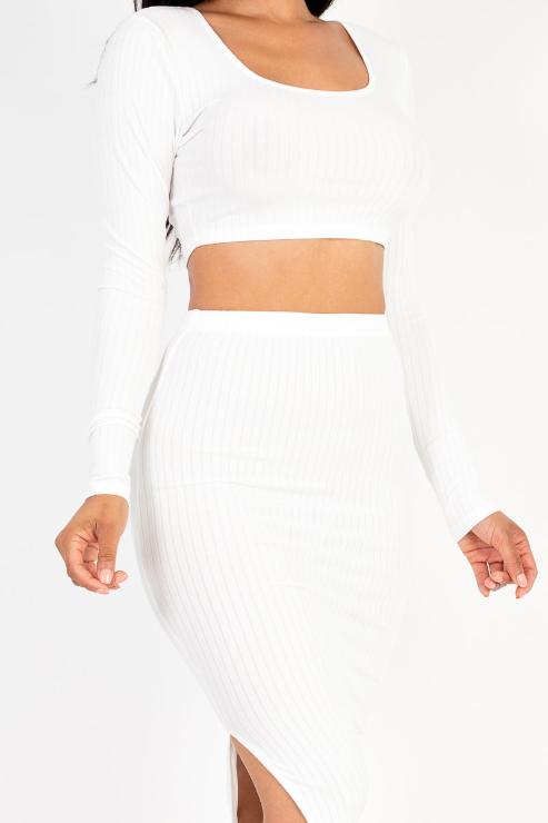 Ribbed Long Sleeve Crop Top & Skirt Set - Capella Apparel