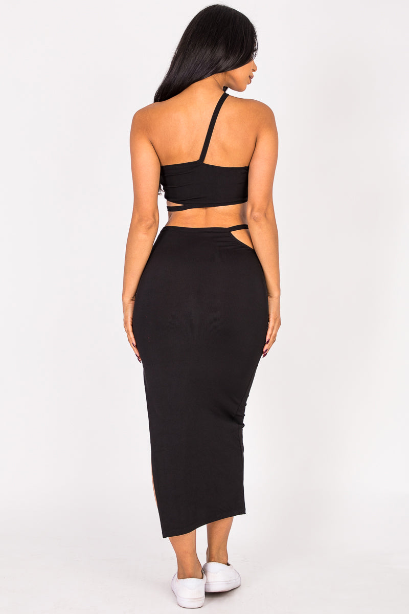 Cross Strap Cutout Top & Side Slit Midi Skirt Set - Capella Apparel